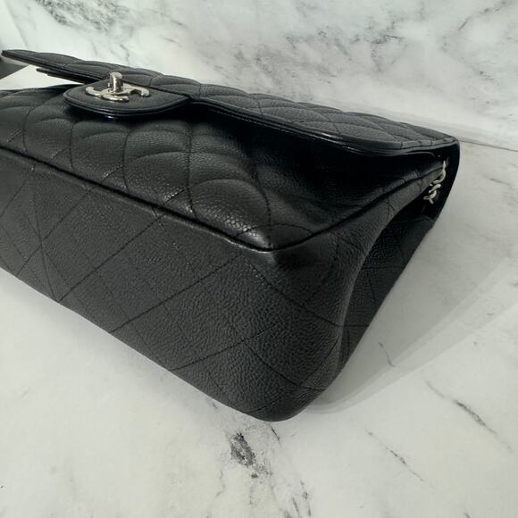 Chanel Caviar Jumbo Double Flap Bag Classic Quilted Leather Black CC Silver - Picture 15 of 16
